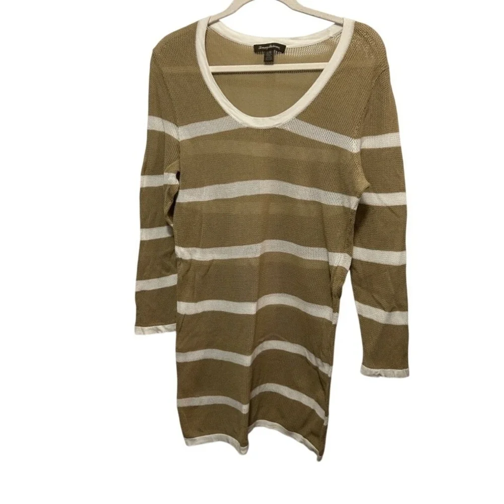 Tommy Bahama Womens L Striped Open Knit Swim Cover Up Tunic Top Coastal Beige L